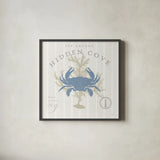 Island Findings II Blue by Sue Schlabach. Shown in a sleek black glass frame for a contemporary gallery look. Available as an archival giclee rolled canvas, fine art paper, or poster print. SKU 87626a.