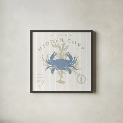 Island Findings II Blue by Sue Schlabach. Shown in a sleek black glass frame for a contemporary gallery look. Available as an archival giclee rolled canvas, fine art paper, or poster print. SKU 87626a.