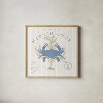 Island Findings II Blue by Sue Schlabach. Shown in a natural wood glass frame for a timeless modern aesthetic. Available as an archival giclee rolled canvas, fine art paper, or poster print. SKU 87626a.