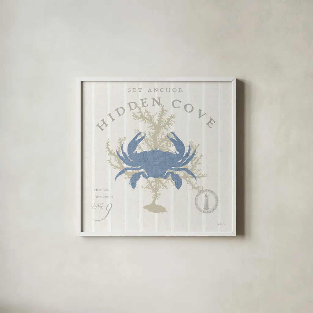 Island Findings II Blue by Sue Schlabach. Shown in a crisp white glass frame for a clean and minimalist style. Available as an archival giclee rolled canvas, fine art paper, or poster print. SKU 87626a.