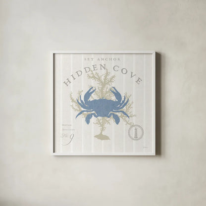 Island Findings II Blue by Sue Schlabach. Shown in a crisp white glass frame for a clean and minimalist style. Available as an archival giclee rolled canvas, fine art paper, or poster print. SKU 87626a.