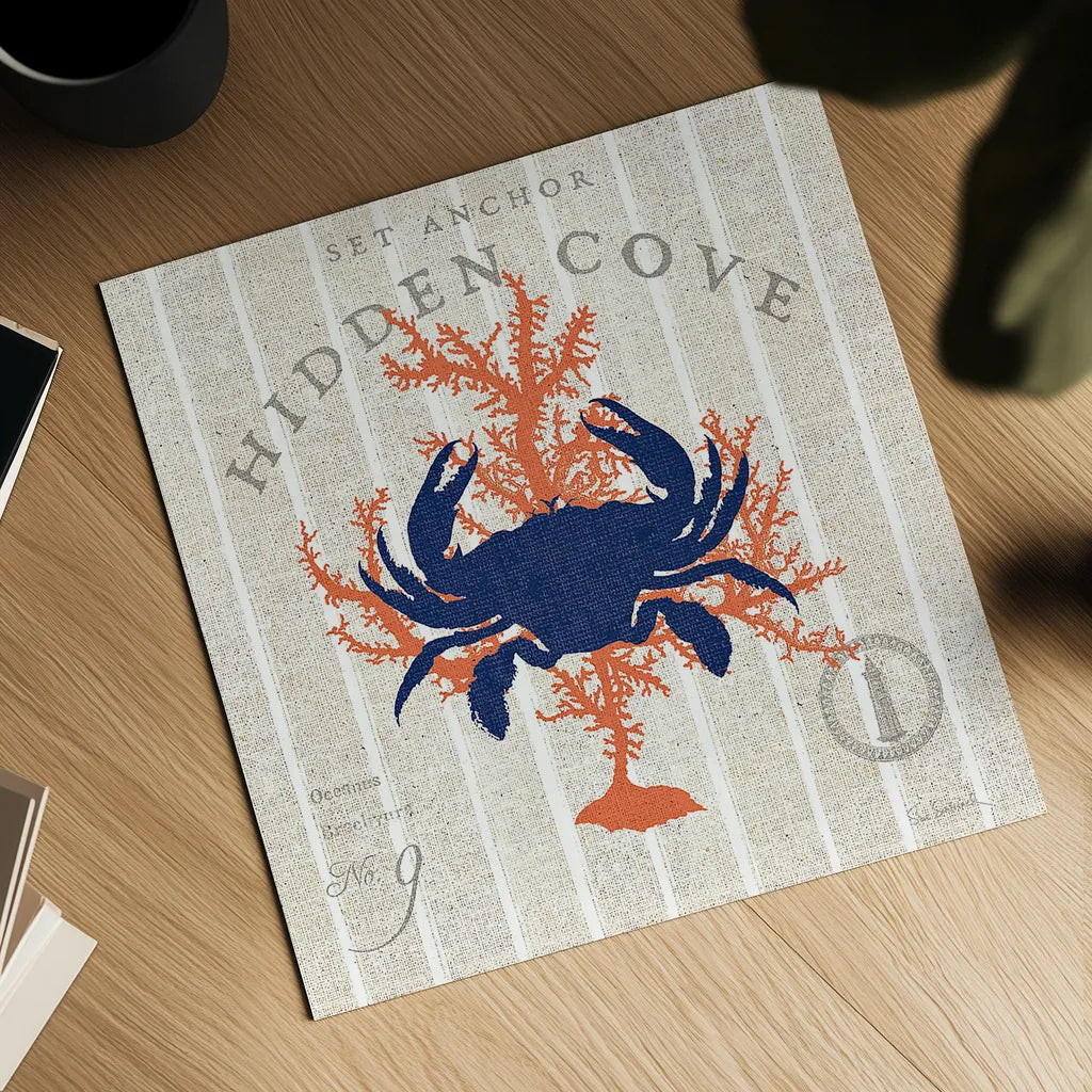 Island Findings II Crab by Sue Schlabach. Shown as a detailed flat fine art print, highlighting archival giclee quality. Available as an archival giclee rolled canvas, fine art paper, or poster print. SKU 15099a.