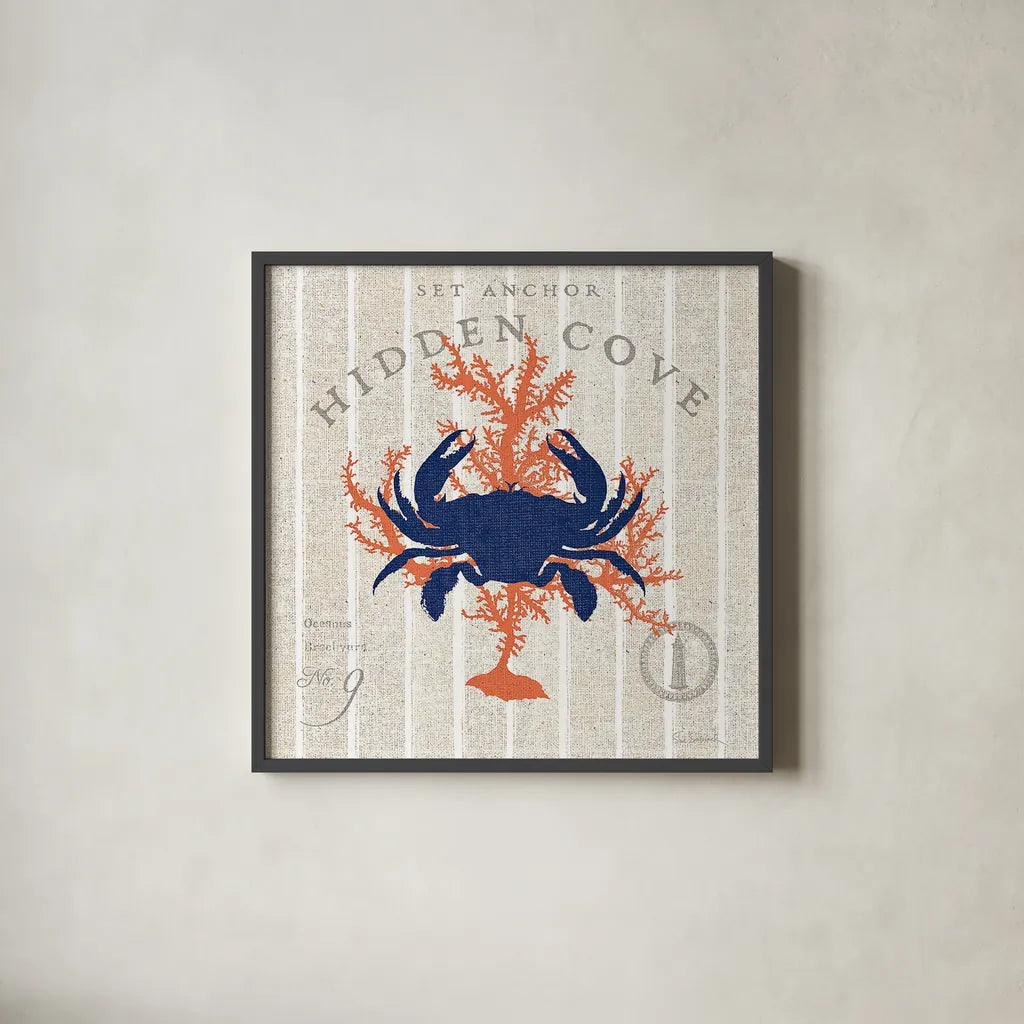 Island Findings II Crab by Sue Schlabach. Shown in a sleek black glass frame for a contemporary gallery look. Available as an archival giclee rolled canvas, fine art paper, or poster print. SKU 15099a.