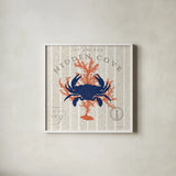 Island Findings II Crab by Sue Schlabach. Shown in a crisp white glass frame for a clean and minimalist style. Available as an archival giclee rolled canvas, fine art paper, or poster print. SKU 15099a.