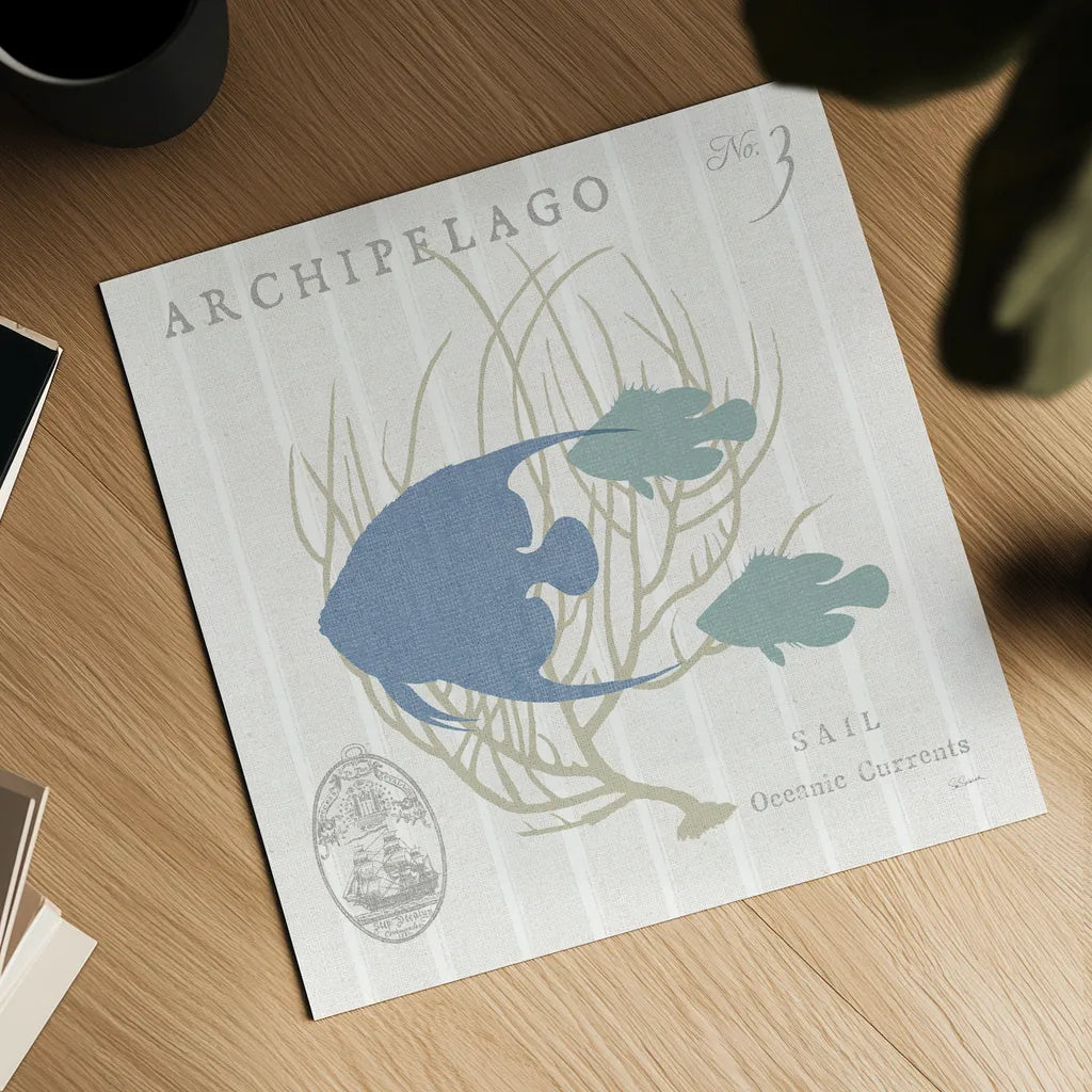 Island Findings IV Blue by Sue Schlabach. Shown as a detailed flat fine art print, highlighting archival giclee quality. Available as an archival giclee rolled canvas, fine art paper, or poster print. SKU 87627a.