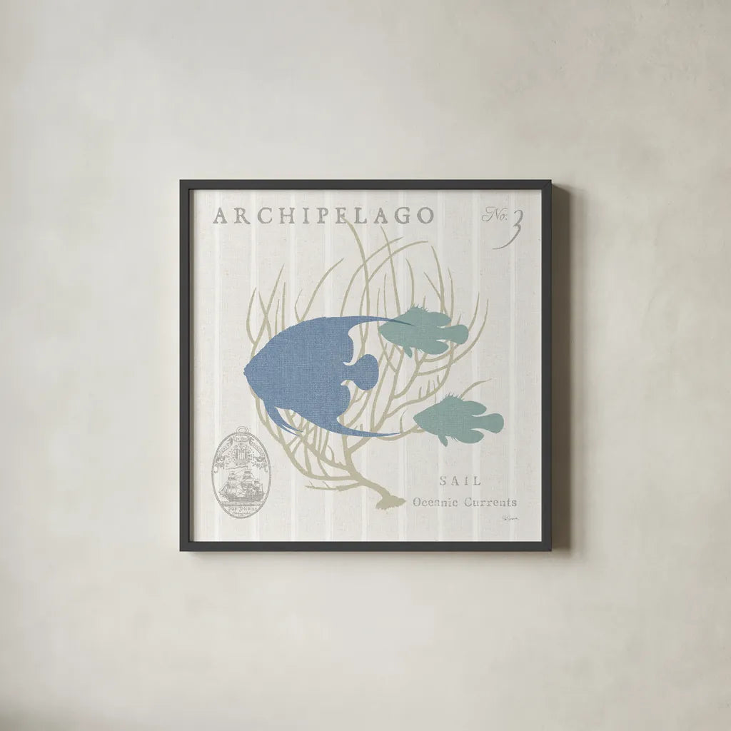 Island Findings IV Blue by Sue Schlabach. Shown in a sleek black glass frame for a contemporary gallery look. Available as an archival giclee rolled canvas, fine art paper, or poster print. SKU 87627a.