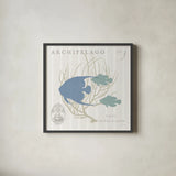 Island Findings IV Blue by Sue Schlabach. Shown in a sleek black glass frame for a contemporary gallery look. Available as an archival giclee rolled canvas, fine art paper, or poster print. SKU 87627a.