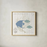 Island Findings IV Blue by Sue Schlabach. Shown in a natural wood glass frame for a timeless modern aesthetic. Available as an archival giclee rolled canvas, fine art paper, or poster print. SKU 87627a.