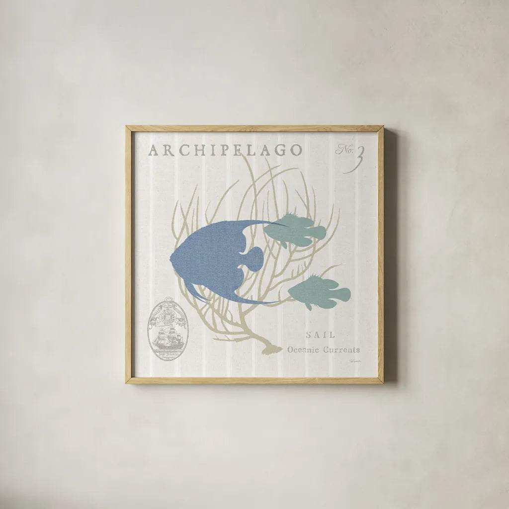 Island Findings IV Blue by Sue Schlabach. Shown in a natural wood glass frame for a timeless modern aesthetic. Available as an archival giclee rolled canvas, fine art paper, or poster print. SKU 87627a.