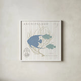 Island Findings IV Blue by Sue Schlabach. Shown in a crisp white glass frame for a clean and minimalist style. Available as an archival giclee rolled canvas, fine art paper, or poster print. SKU 87627a.