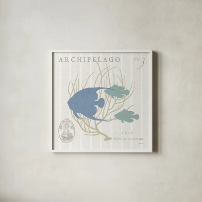 Island Findings IV Blue by Sue Schlabach. Shown in a crisp white glass frame for a clean and minimalist style. Available as an archival giclee rolled canvas, fine art paper, or poster print. SKU 87627a.