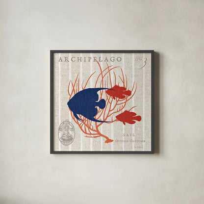 Island Findings IV Fish by Sue Schlabach. Shown in a sleek black glass frame for a contemporary gallery look. Available as an archival giclee rolled canvas, fine art paper, or poster print. SKU 15101a.