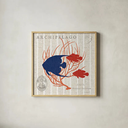 Island Findings IV Fish by Sue Schlabach. Shown in a natural wood glass frame for a timeless modern aesthetic. Available as an archival giclee rolled canvas, fine art paper, or poster print. SKU 15101a.