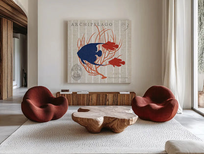 Island Findings IV Fish by Sue Schlabach. Shown as extra-large giant wall art in a modern living room. Available as an archival giclee rolled canvas, fine art paper, or poster print. SKU 15101a.