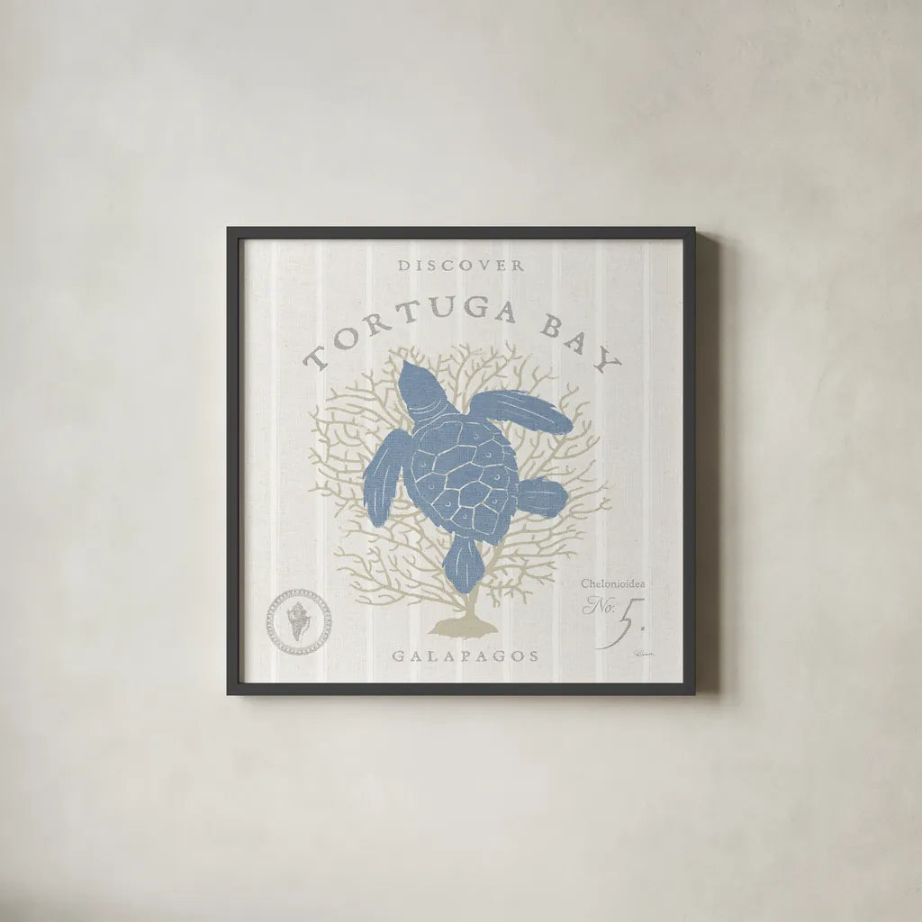 Island Findings VI Blue by Sue Schlabach. Shown in a sleek black glass frame for a contemporary gallery look. Available as an archival giclee rolled canvas, fine art paper, or poster print. SKU 87628a.