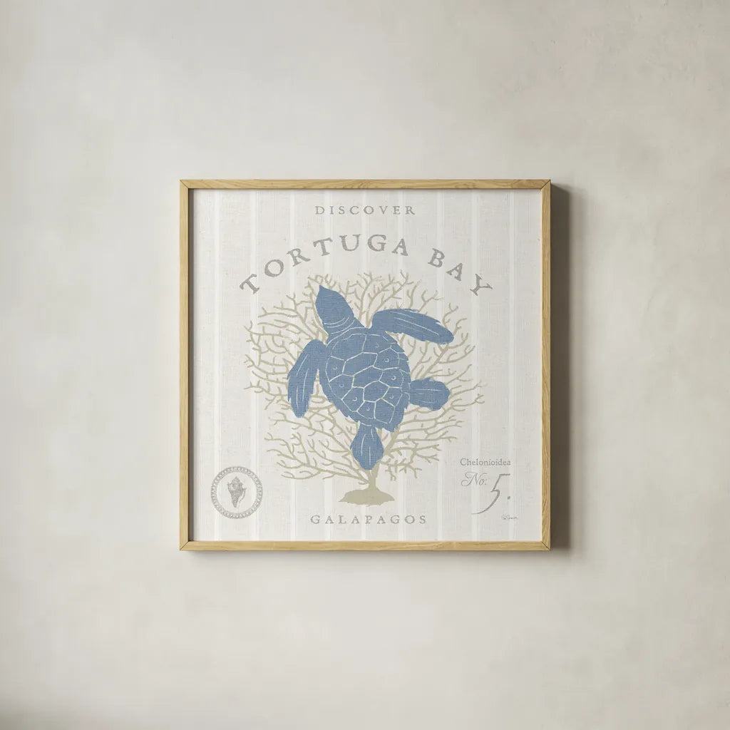 Island Findings VI Blue by Sue Schlabach. Shown in a natural wood glass frame for a timeless modern aesthetic. Available as an archival giclee rolled canvas, fine art paper, or poster print. SKU 87628a.