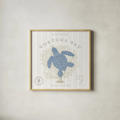 Island Findings VI Blue by Sue Schlabach. Shown in a natural wood glass frame for a timeless modern aesthetic. Available as an archival giclee rolled canvas, fine art paper, or poster print. SKU 87628a.