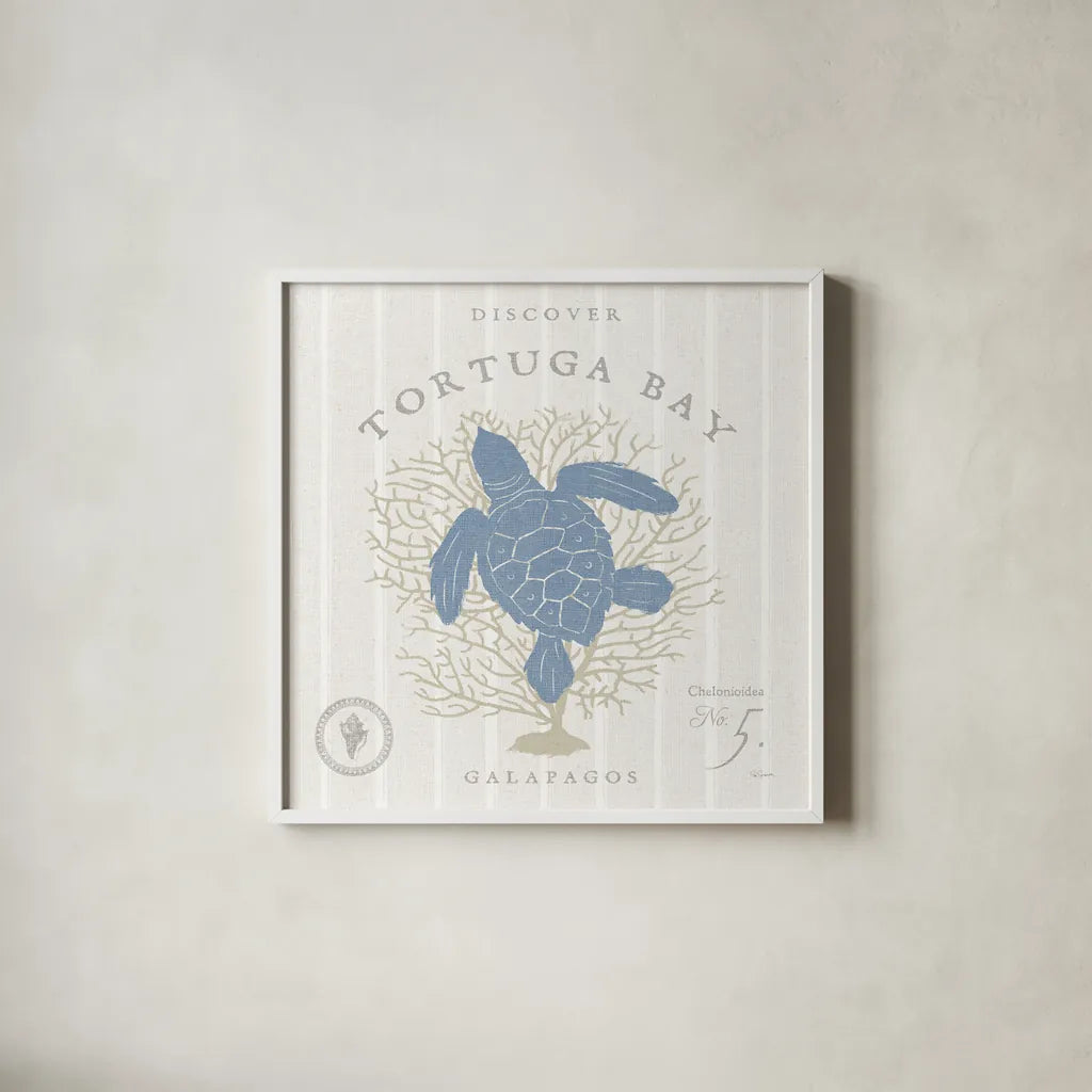 Island Findings VI Blue by Sue Schlabach. Shown in a crisp white glass frame for a clean and minimalist style. Available as an archival giclee rolled canvas, fine art paper, or poster print. SKU 87628a.