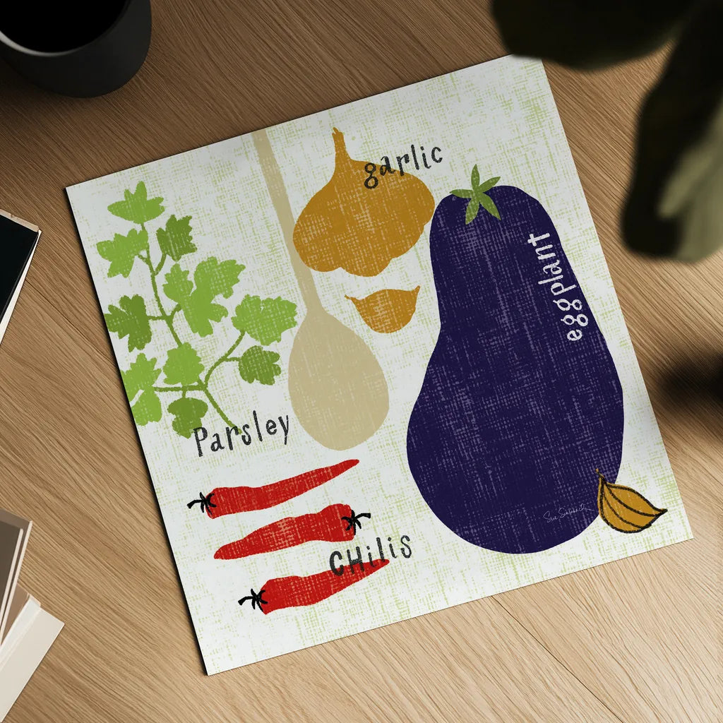 Italiano Eggplant by Sue Schlabach. Shown as a detailed flat fine art print, highlighting archival giclee quality. Available as an archival giclee rolled canvas, fine art paper, or poster print. SKU 44687a.