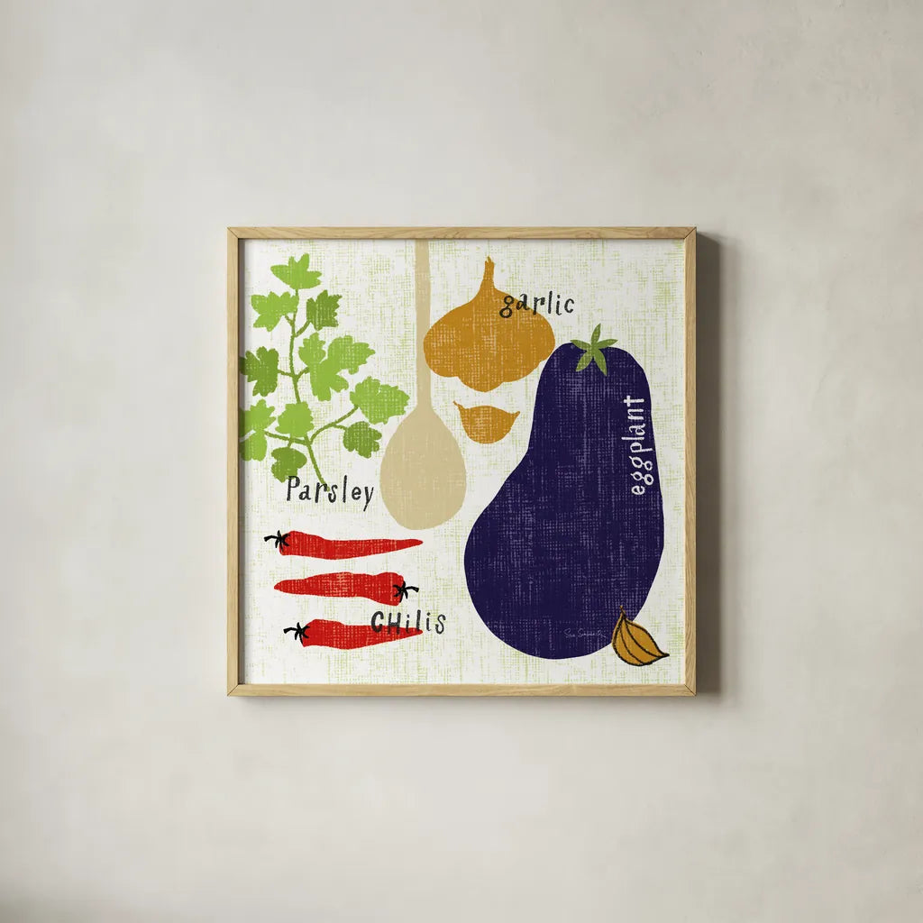 Italiano Eggplant by Sue Schlabach. Shown in a natural wood glass frame for a timeless modern aesthetic. Available as an archival giclee rolled canvas, fine art paper, or poster print. SKU 44687a.