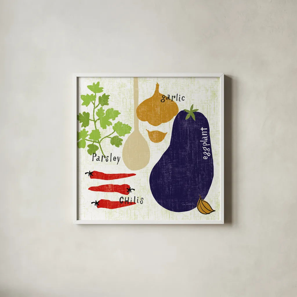 Italiano Eggplant by Sue Schlabach. Shown in a crisp white glass frame for a clean and minimalist style. Available as an archival giclee rolled canvas, fine art paper, or poster print. SKU 44687a.