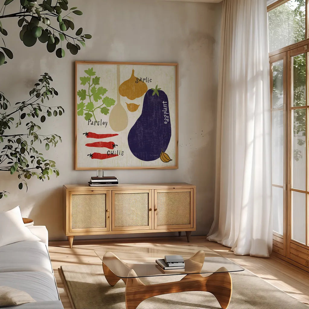 Italiano Eggplant by Sue Schlabach. Shown in a natural wood frame in a cozy modern living room. Available as an archival giclee rolled canvas, fine art paper, or poster print. SKU 44687a.