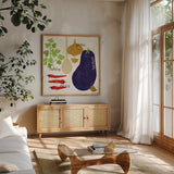 Italiano Eggplant by Sue Schlabach. Shown in a natural wood frame in a cozy modern living room. Available as an archival giclee rolled canvas, fine art paper, or poster print. SKU 44687a.