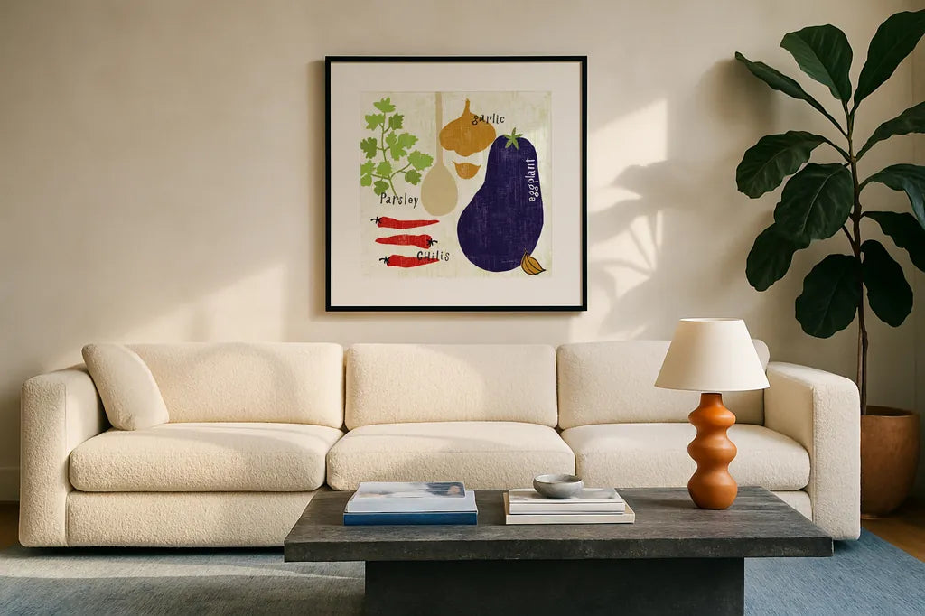 Italiano Eggplant by Sue Schlabach. Displayed in a glass frame with matte in a clean modern living room. Available as an archival giclee rolled canvas, fine art paper, or poster print. SKU 44687a.