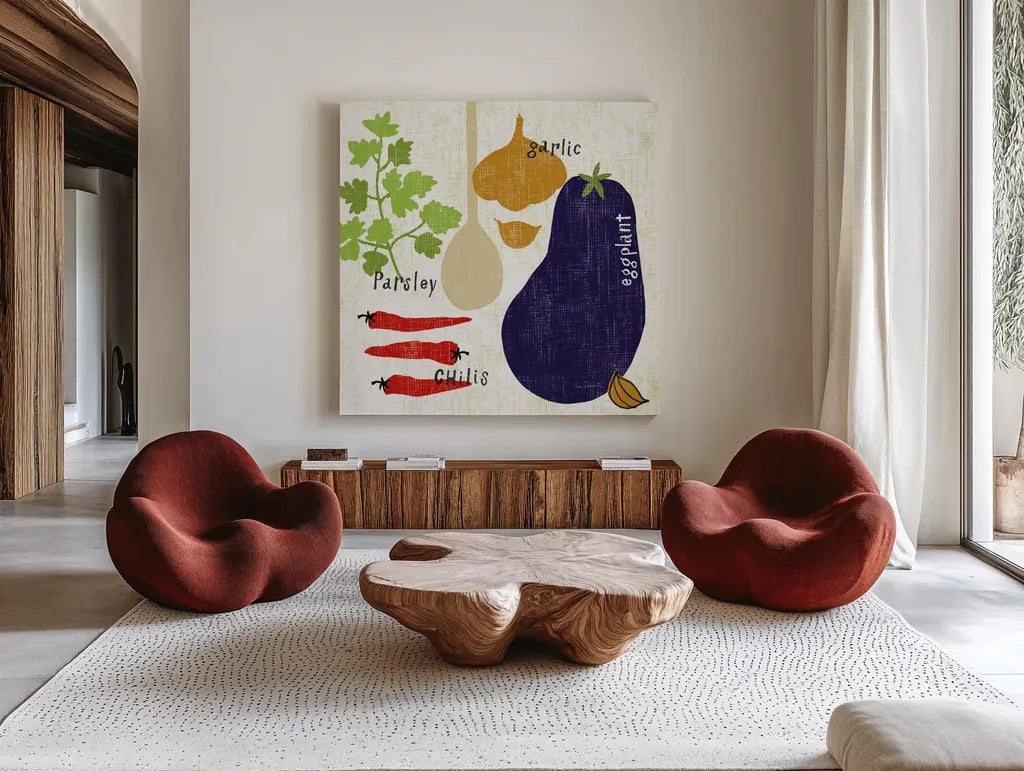 Italiano Eggplant by Sue Schlabach. Shown as extra-large giant wall art in a modern living room. Available as an archival giclee rolled canvas, fine art paper, or poster print. SKU 44687a.