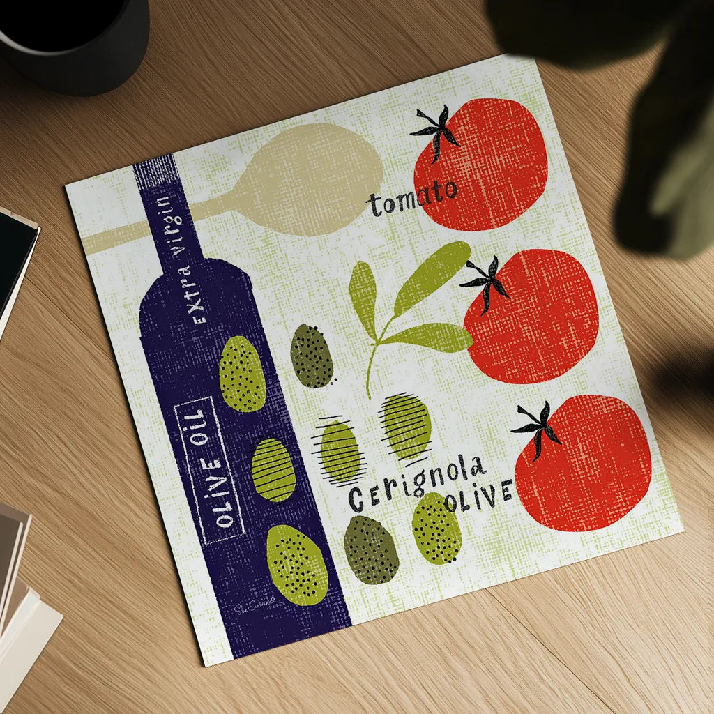 Italiano Olives by Sue Schlabach. Shown as a detailed flat fine art print, highlighting archival giclee quality. Available as an archival giclee rolled canvas, fine art paper, or poster print. SKU 44688a.