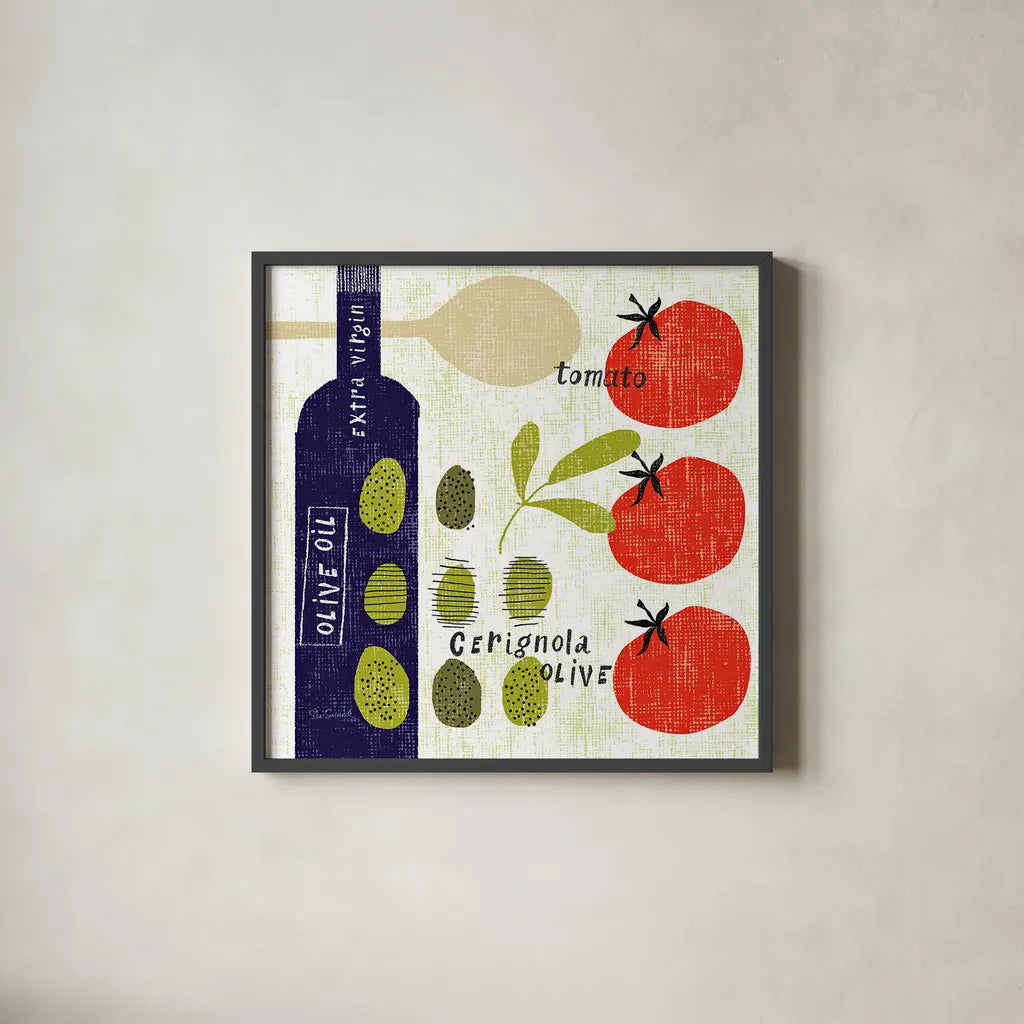 Italiano Olives by Sue Schlabach. Shown in a sleek black glass frame for a contemporary gallery look. Available as an archival giclee rolled canvas, fine art paper, or poster print. SKU 44688a.