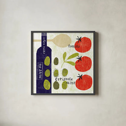 Italiano Olives by Sue Schlabach. Shown in a sleek black glass frame for a contemporary gallery look. Available as an archival giclee rolled canvas, fine art paper, or poster print. SKU 44688a.