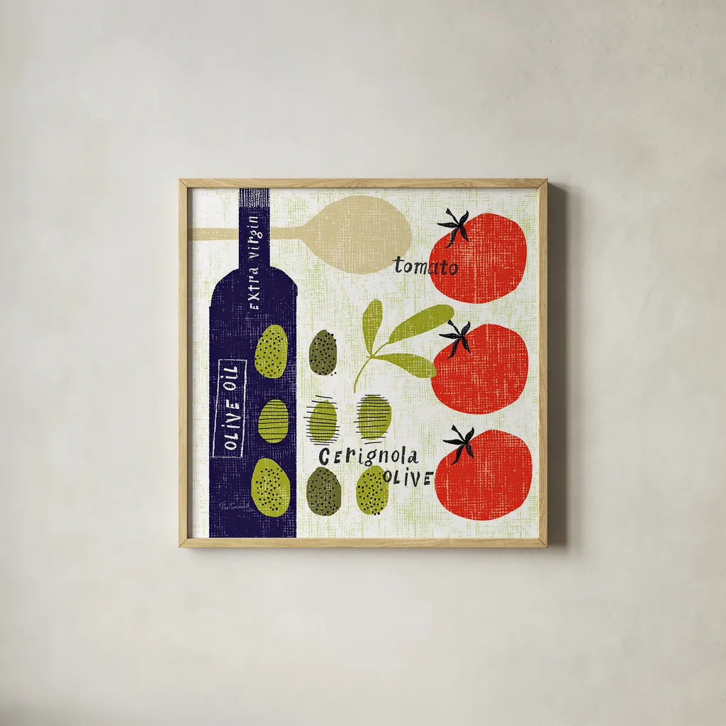 Italiano Olives by Sue Schlabach. Shown in a natural wood glass frame for a timeless modern aesthetic. Available as an archival giclee rolled canvas, fine art paper, or poster print. SKU 44688a.