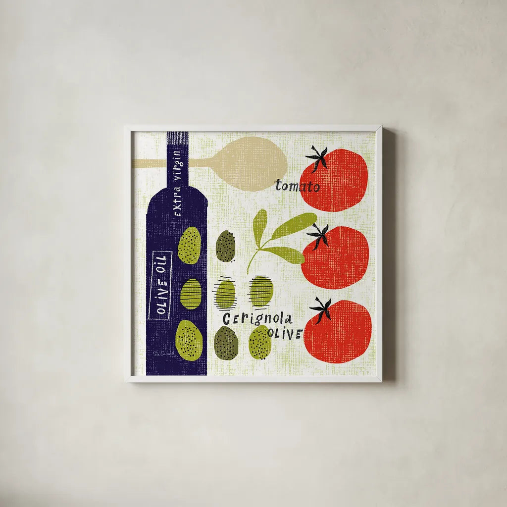 Italiano Olives by Sue Schlabach. Shown in a crisp white glass frame for a clean and minimalist style. Available as an archival giclee rolled canvas, fine art paper, or poster print. SKU 44688a.