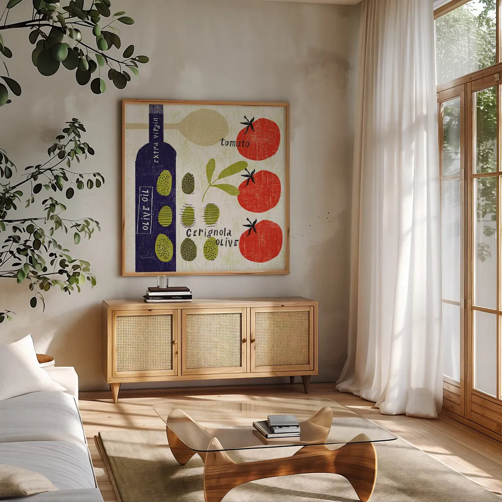 Italiano Olives by Sue Schlabach. Shown in a natural wood frame in a cozy modern living room. Available as an archival giclee rolled canvas, fine art paper, or poster print. SKU 44688a.