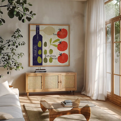 Italiano Olives by Sue Schlabach. Shown in a natural wood frame in a cozy modern living room. Available as an archival giclee rolled canvas, fine art paper, or poster print. SKU 44688a.