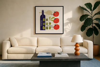 Italiano Olives by Sue Schlabach. Displayed in a glass frame with matte in a clean modern living room. Available as an archival giclee rolled canvas, fine art paper, or poster print. SKU 44688a.