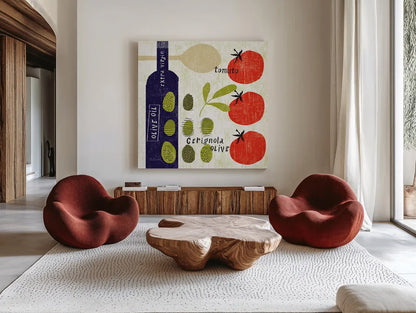 Italiano Olives by Sue Schlabach. Shown as extra-large giant wall art in a modern living room. Available as an archival giclee rolled canvas, fine art paper, or poster print. SKU 44688a.