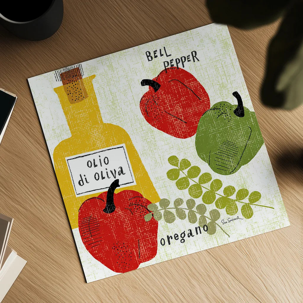 Italiano Peppers by Sue Schlabach. Shown as a detailed flat fine art print, highlighting archival giclee quality. Available as an archival giclee rolled canvas, fine art paper, or poster print. SKU 44689a.