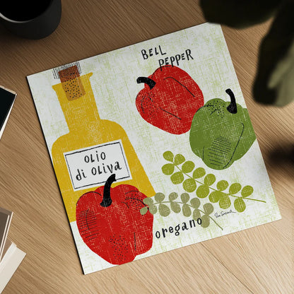 Italiano Peppers by Sue Schlabach. Shown as a detailed flat fine art print, highlighting archival giclee quality. Available as an archival giclee rolled canvas, fine art paper, or poster print. SKU 44689a.