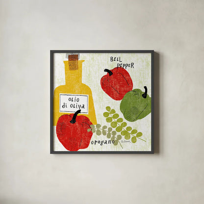 Italiano Peppers by Sue Schlabach. Shown in a sleek black glass frame for a contemporary gallery look. Available as an archival giclee rolled canvas, fine art paper, or poster print. SKU 44689a.