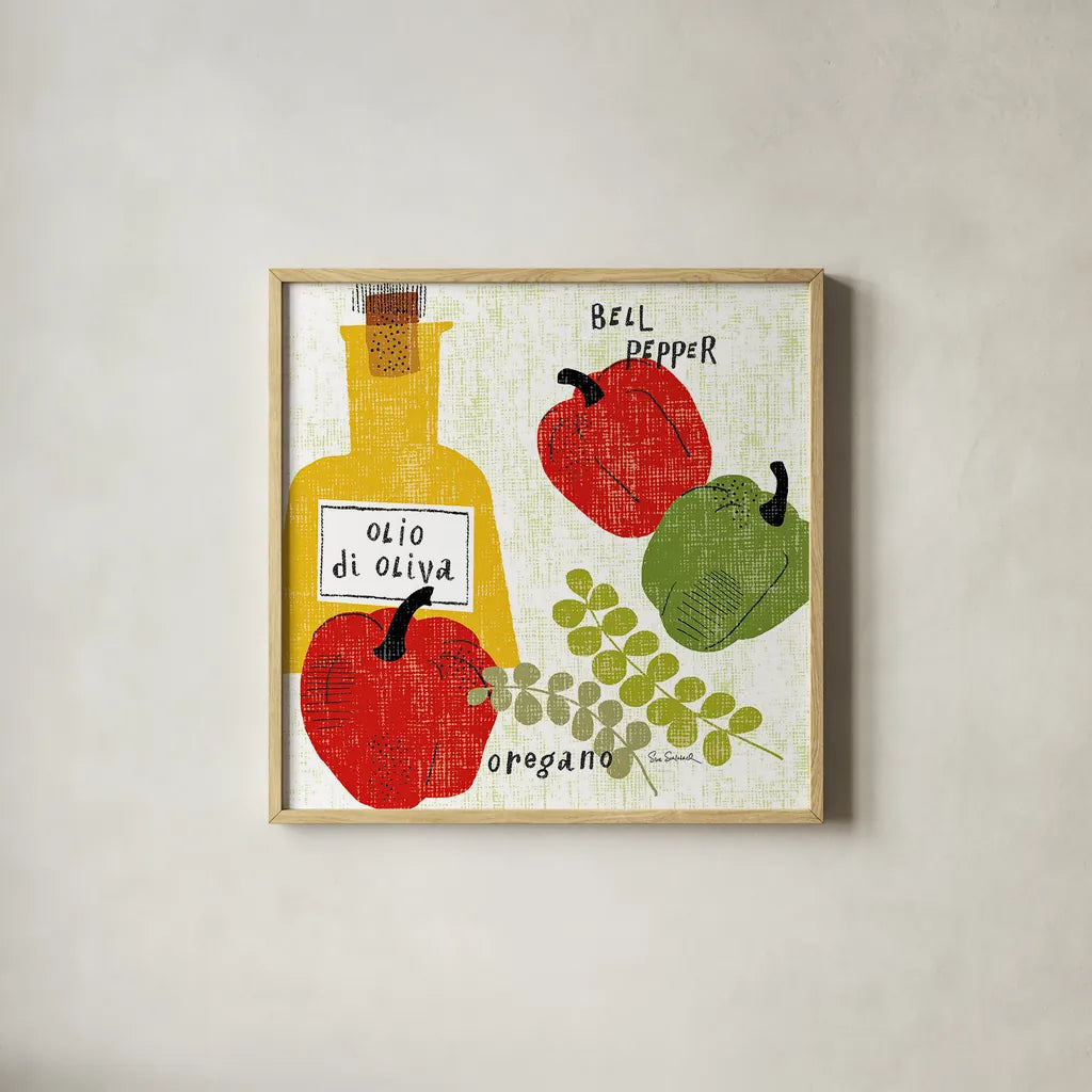 Italiano Peppers by Sue Schlabach. Shown in a natural wood glass frame for a timeless modern aesthetic. Available as an archival giclee rolled canvas, fine art paper, or poster print. SKU 44689a.