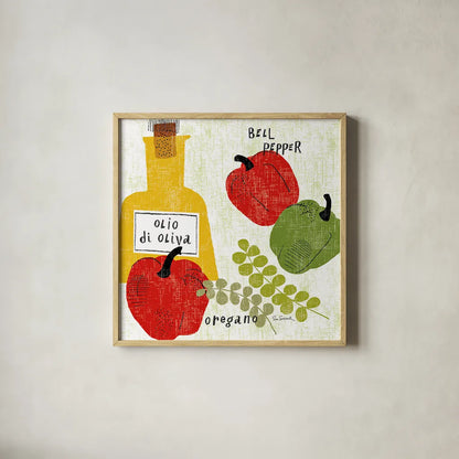 Italiano Peppers by Sue Schlabach. Shown in a natural wood glass frame for a timeless modern aesthetic. Available as an archival giclee rolled canvas, fine art paper, or poster print. SKU 44689a.