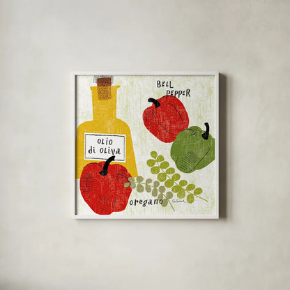 Italiano Peppers by Sue Schlabach. Shown in a crisp white glass frame for a clean and minimalist style. Available as an archival giclee rolled canvas, fine art paper, or poster print. SKU 44689a.