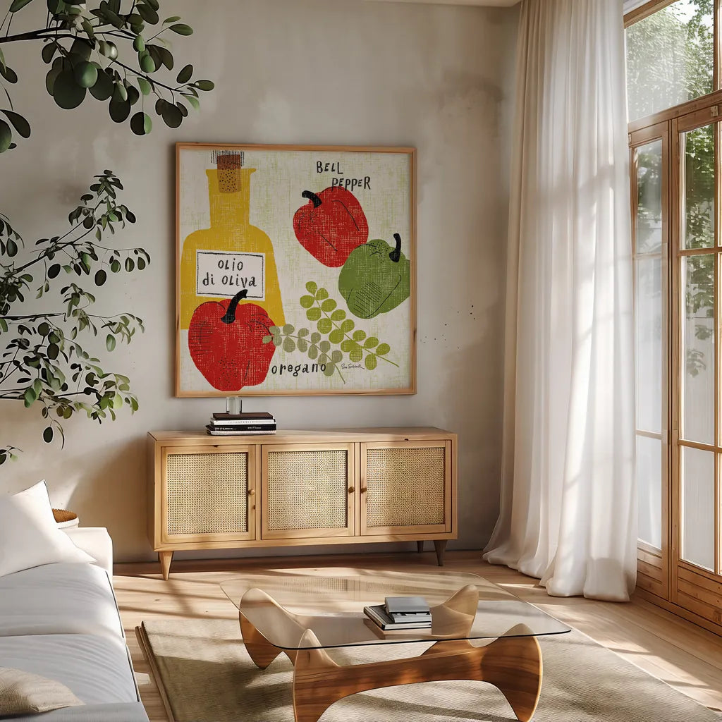 Italiano Peppers by Sue Schlabach. Shown in a natural wood frame in a cozy modern living room. Available as an archival giclee rolled canvas, fine art paper, or poster print. SKU 44689a.