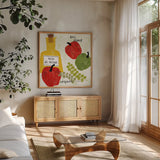 Italiano Peppers by Sue Schlabach. Shown in a natural wood frame in a cozy modern living room. Available as an archival giclee rolled canvas, fine art paper, or poster print. SKU 44689a.