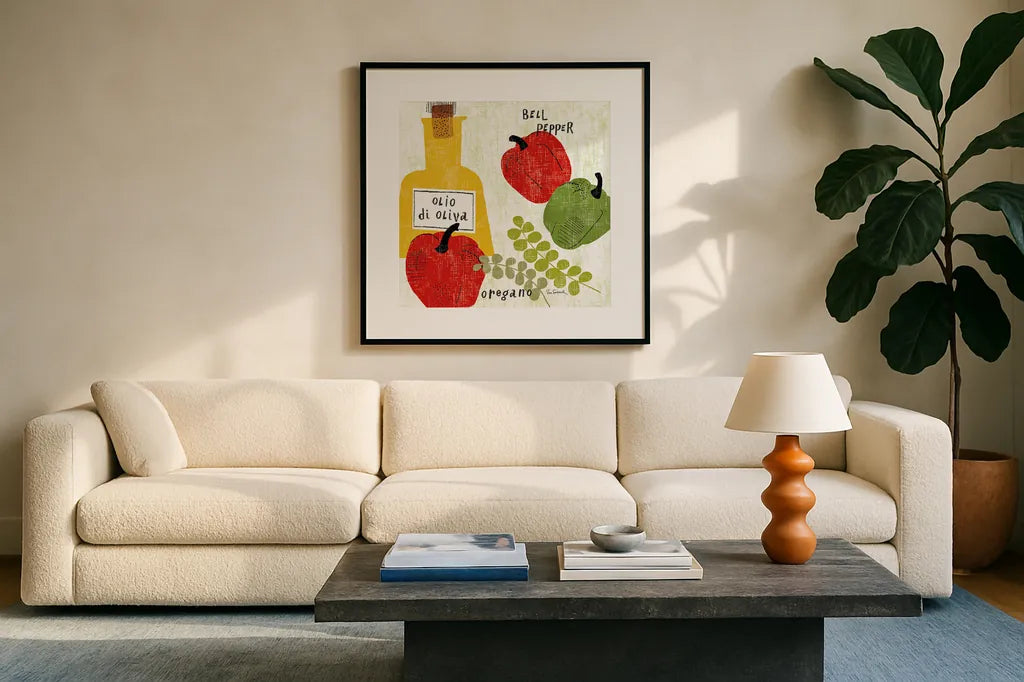 Italiano Peppers by Sue Schlabach. Displayed in a glass frame with matte in a clean modern living room. Available as an archival giclee rolled canvas, fine art paper, or poster print. SKU 44689a.
