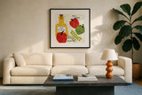 Italiano Peppers by Sue Schlabach. Displayed in a glass frame with matte in a clean modern living room. Available as an archival giclee rolled canvas, fine art paper, or poster print. SKU 44689a.