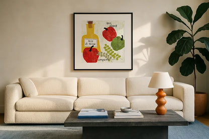 Italiano Peppers by Sue Schlabach. Displayed in a glass frame with matte in a clean modern living room. Available as an archival giclee rolled canvas, fine art paper, or poster print. SKU 44689a.