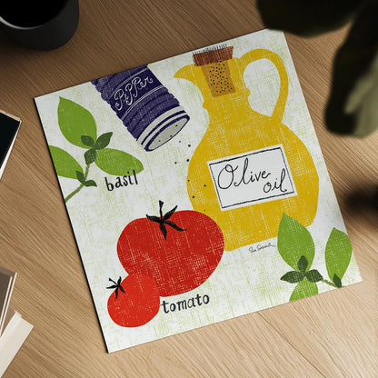 Italiano Tomatoes by Sue Schlabach. Shown as a detailed flat fine art print, highlighting archival giclee quality. Available as an archival giclee rolled canvas, fine art paper, or poster print. SKU 44690a.